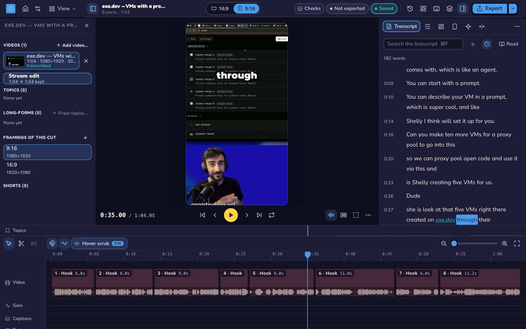 The exe.dev edit with eight video parts, a waveform, and separate gain, caption and text lanes